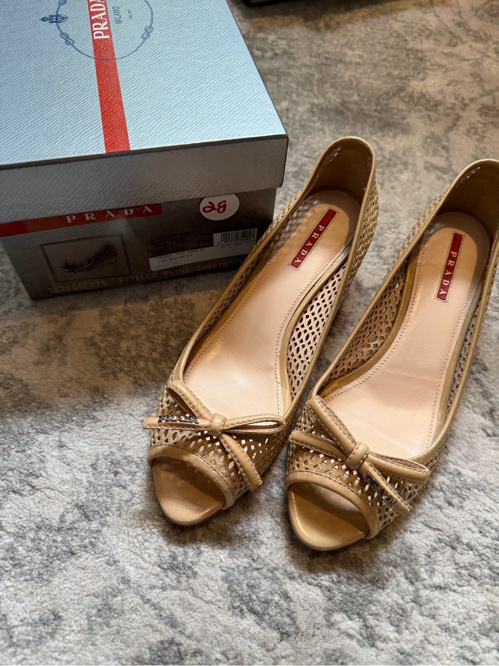 Prada Women's Beige Peep-Toe Leather wedge Sz 38